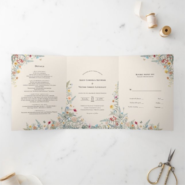 Vintage Wildflower Fern Beige Wedding Monogram Tri-Fold Invitation (Inside)