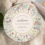 Vintage Wildflower Fern Beige Wedding Round Save The Date<br><div class="desc">This Vintage Wildflower Fern Beige Wedding Round Save the Date design is an elegant arrangement of classic gold geometric frames embellished with delicate boho floral greenery bouquets and stems. Featuring a palette of timeless ivory beige backgrounds with simple classic black typography and whimsical colorful wildflowers, creating a lovely and polished...</div>