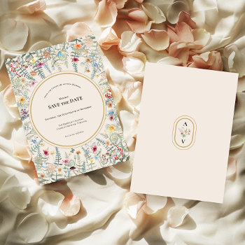 Vintage Wildflower Fern Beige Wedding Save The Date by honeyblossomartistry at Zazzle