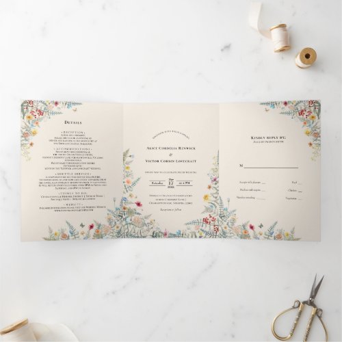Vintage Wildflower Fern Beige Wedding Tri_Fold Invitation