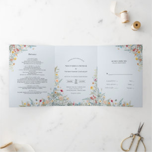 Vintage Wildflower Fern Dusty Blue Wedding Tri-Fold Invitation