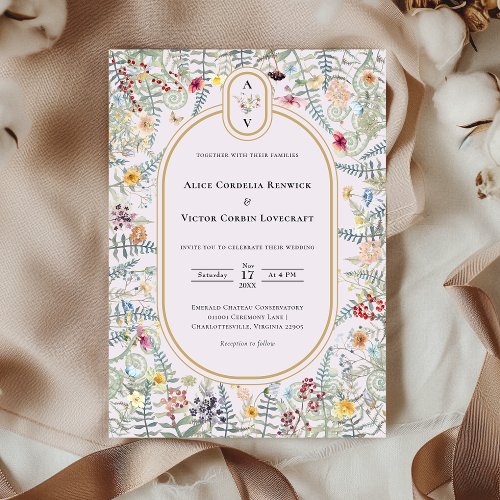Vintage Wildflower Fern Lavender Wedding Monogram Invitation
