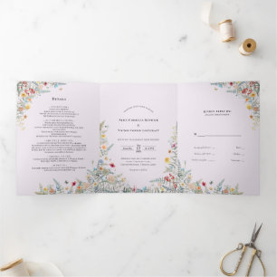Vintage Wildflower Fern Lavender Wedding Monogram Tri-Fold Invitation