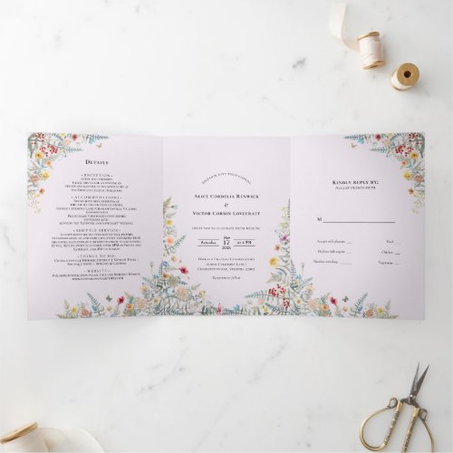 Vintage Wildflower Fern Lavender Wedding Monogram Tri_Fold Invitation