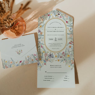 Vintage Wildflower Fern Mint Green Wedding All In One Invitation