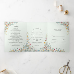 Vintage Wildflower Fern Mint Wedding Monogram Tri-Fold Invitation