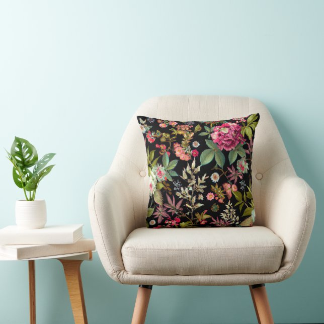 Vintage Wildflower Floral Art Black Throw Pillow (Chair)