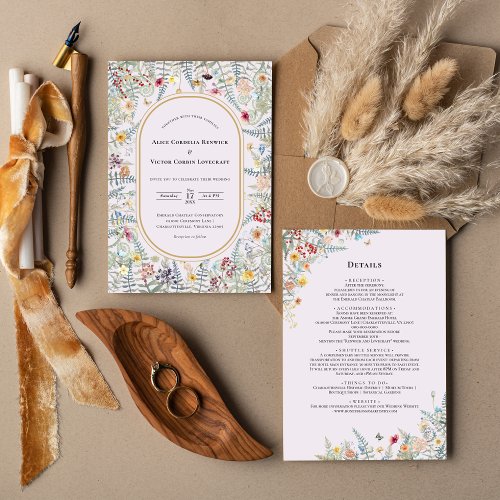 Vintage Wildflower Lavender Wedding Details and Invitation