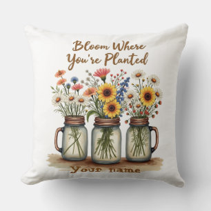 Vintage Wildflower Mason Jar Throw Pillow