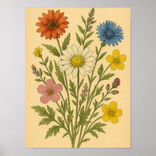 Vintage Wildflower on Weathered Paper Poster