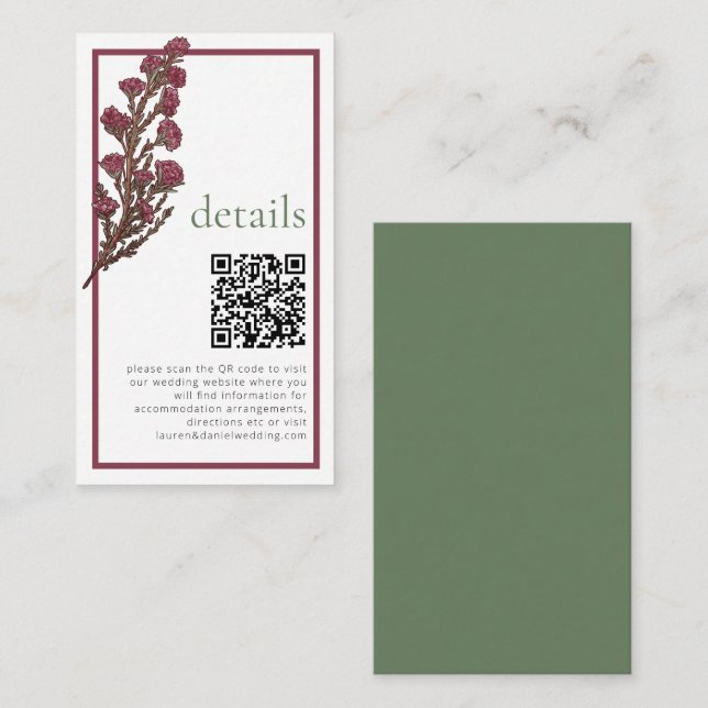 Vintage Wildflower QR Pink Wedding Details Enclosure Card (Front/Back)