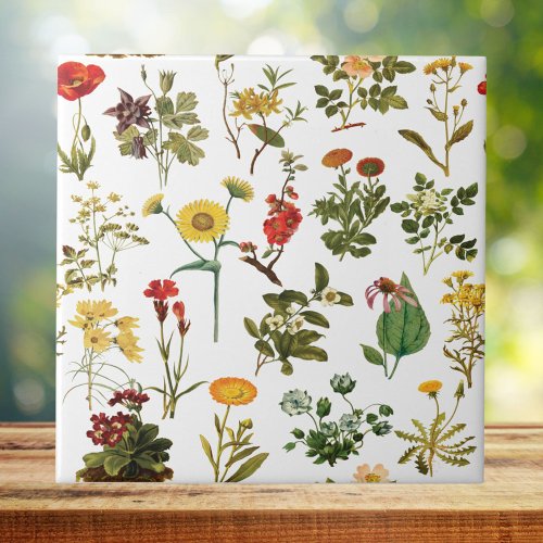 Vintage Wildflower Seamless Pattern Ceramic Tile