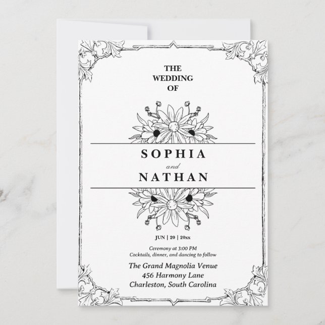 Vintage Wildflower Sketch Wedding Invitation  (Front)