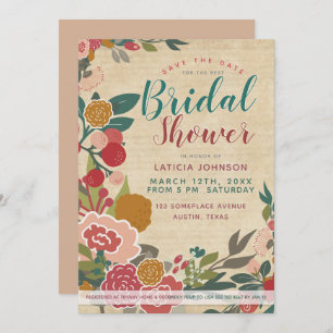 Vintage Wildflower Teal Red & Pink Bridal Shower Invitation