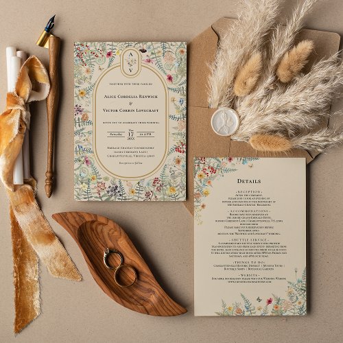 Vintage Wildflower Wedding Monogram Details and Invitation