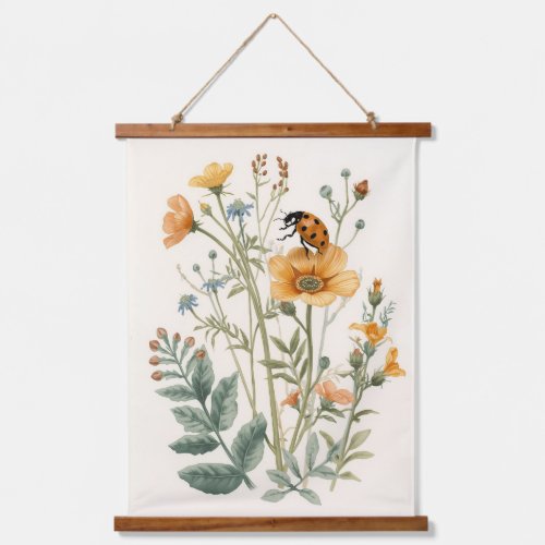 Vintage Wildflowers and Ladybug Botanical Watercol Hanging Tapestry