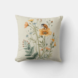 Vintage Wildflowers and Ladybug Botanical Watercol Throw Pillow
