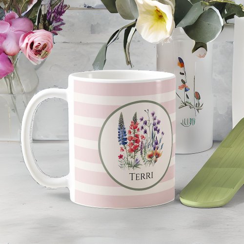 Vintage Wildflowers and Name on Dusty Pink Stripes Coffee Mug