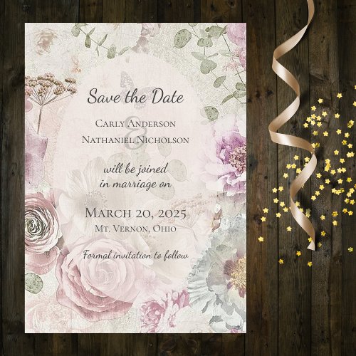 Vintage Wildflowers and Pink Roses  Save The Date