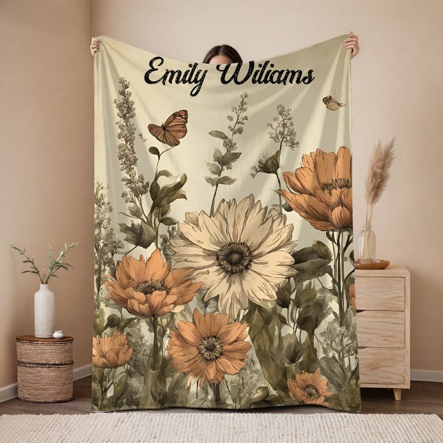Vintage Wildflowers blanket, Custom name blanket (Custom Vintage Floral Blanket for Mom, Grandma, Aunt, Teacher, or Friend, Floral Birthday Gift,)