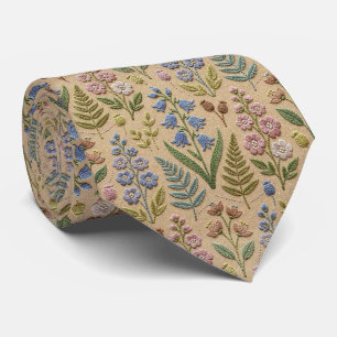Vintage Wildflowers Faux Embroidery Design Neck Tie
