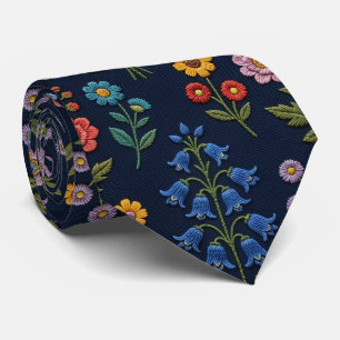 Vintage Wildflowers Faux Embroidery Design Neck Tie