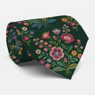 Vintage Wildflowers Faux Embroidery Design Neck Tie