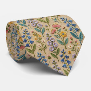 Vintage Wildflowers Faux Embroidery Design Neck Tie