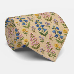 Vintage Wildflowers Faux Embroidery Design Neck Tie