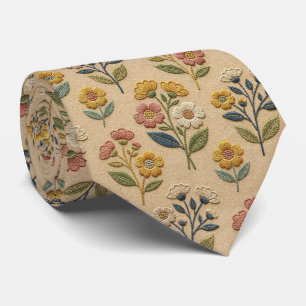 Vintage Wildflowers Faux Embroidery Design Neck Tie