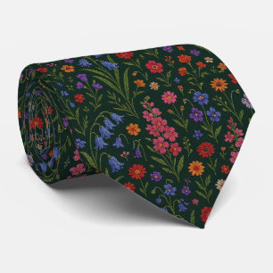 Vintage Wildflowers Faux Embroidery Design Neck Tie