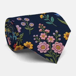 Vintage Wildflowers Faux Embroidery Design Neck Tie