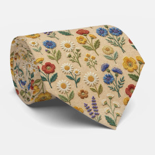 Vintage Wildflowers Faux Embroidery Design Neck Tie