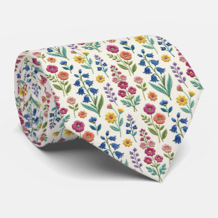 Vintage Wildflowers Faux Embroidery Design Neck Tie