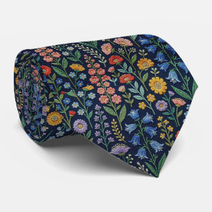 Vintage Wildflowers Faux Embroidery Design Neck Tie