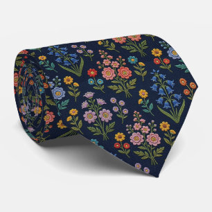 Vintage Wildflowers Faux Embroidery Design Neck Tie