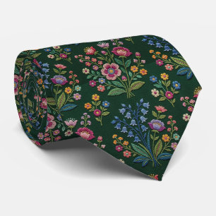 Vintage Wildflowers Faux Embroidery Design Neck Tie