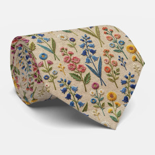 Vintage Wildflowers Faux Embroidery Design Neck Tie