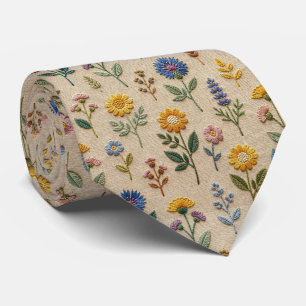 Vintage Wildflowers Faux Embroidery Design Neck Tie