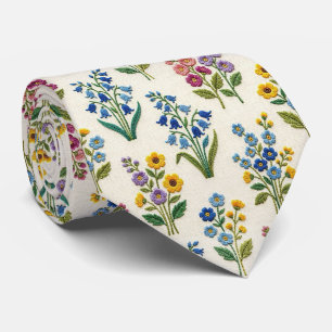 Vintage Wildflowers Faux Embroidery Design Neck Tie