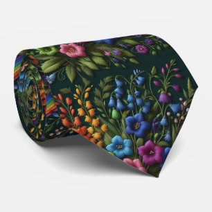 Vintage Wildflowers Faux Embroidery Design Neck Tie
