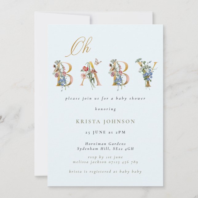 Vintage Wildflowers Gold and Blue Baby Shower Invitation (Front)