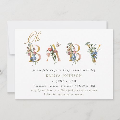 Vintage Wildflowers  Gold Letters Baby Shower Invitation