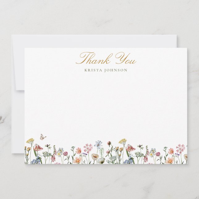 Vintage Wildflowers Gold Script Personalized Thank You Card (Front)