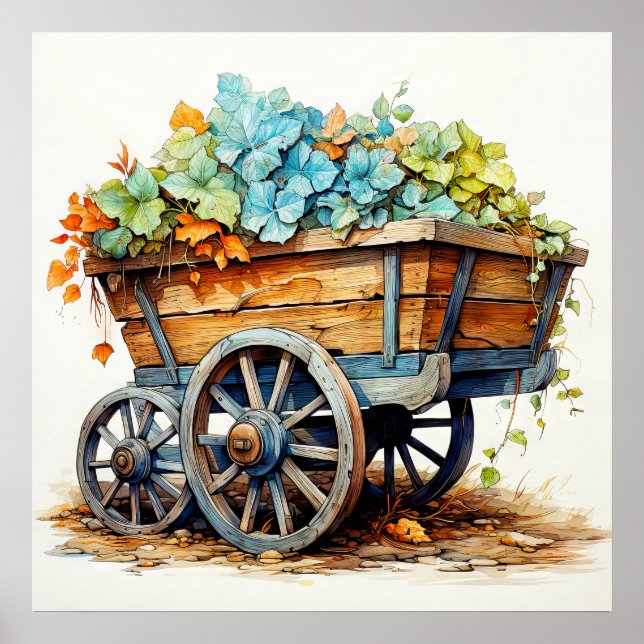 Vintage Wildflowers In A Wooden Wagon Poster (Front)