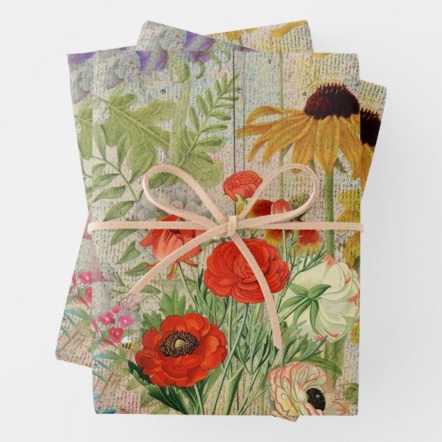 Vintage Wildflowers Nature Botanical Collage Wrapping Paper Sheets (In situ)