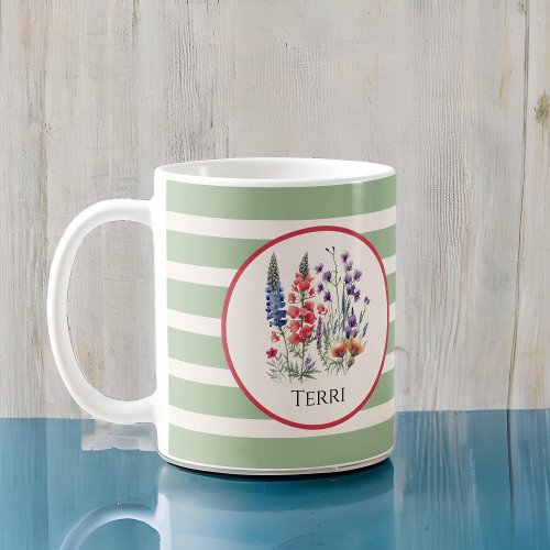 Vintage Wildflowers on Boho Sage Green Stripes Coffee Mug