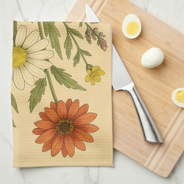 Vintage Wildflowers on Weathered Paper Kitchen Towel (Quarter Fold)