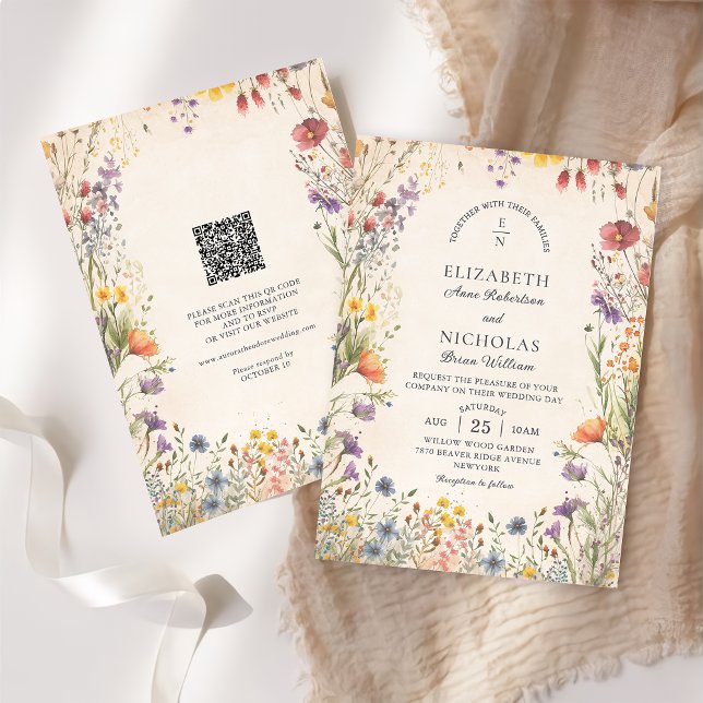 Vintage Wildflowers  QR Code Wedding Invitation (Creator Uploaded)