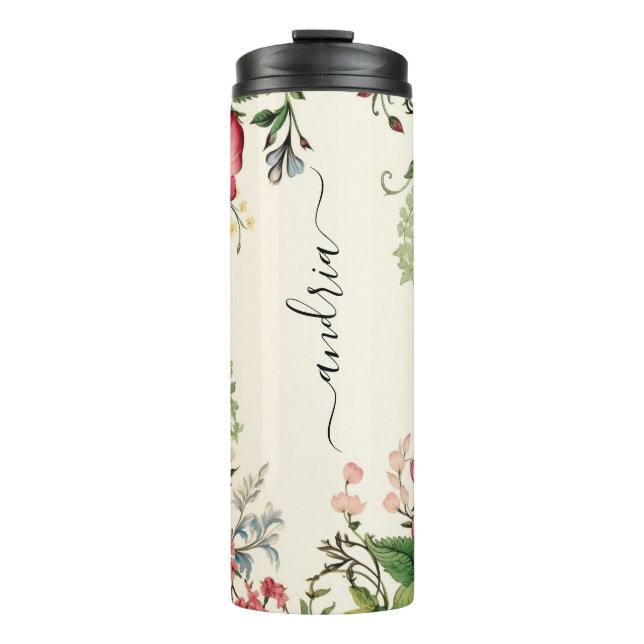 Vintage Wildflowers, Vertical Black Script Name Thermal Tumbler (Front)
